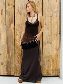 Bela Noronha Spring/Summer Women's Retro Hippie Western Music Festival Paisley Print Drawstring Hem Sheer Beaded Fringe Cover Up Skirt - Brown - View 1