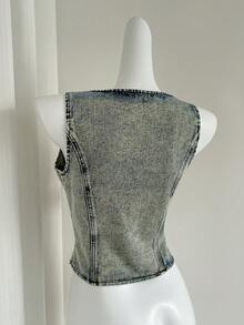 Elamini Women's Summer Casual Fashion Street Acid Wash Slim Single-Breasted Open Front Denim Vest Jacket - Blue - View 2