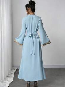 Rafferiza Women's Loose V-Neck Ruffle Long Sleeve Robe, Turkish Abaya, Arabic Kaftan - Light Wash - View 2