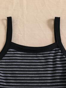 SHEIN Tween Girls' Striped Contrast Color Camisole Top,Black Summer Casual School All-Match Versatile Bohemian Squishy Tops For Daily Outings - Black - View 4