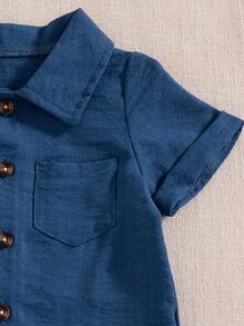 Souflis Souflis 2-Piece French Style Infant & Toddler Boys' Woven Textured Striped Shirt And Shorts Set, Made Of Premium Woven Textured Fabric, Fashionable And Unique Design, Captures The Lively And Cute Vibe Of Baby Boys While Exuding An Elegant Aura. The Shirt Features A Simple And Graceful Design With Delicate Collar And Cuffs, Providing A Gentle Wearing Experience For The Baby. Outfit For Baby Boy Toddler Set - Navy Blue - View 6