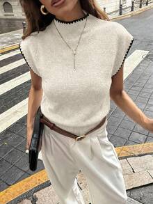 Firerie Áo vest len không tay cổ cao dáng rộng thanh lịch, đa năng dành cho nữ, thích hợp cho các buổi hẹn hò, phong cách sang trọng. - Màu be - Xem 9