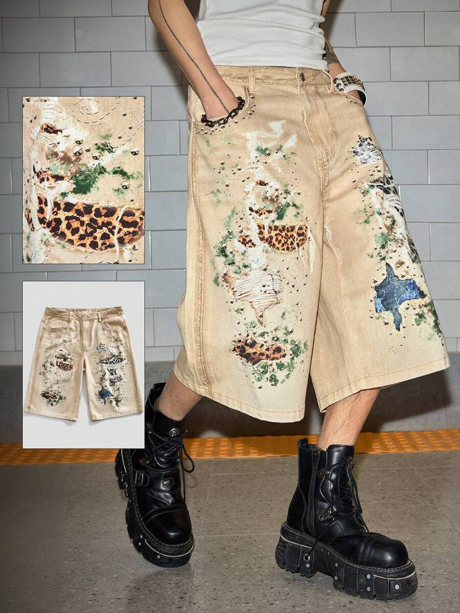 ROMWE MEN Street Life Men's Wasteland Leopard Print Pocket Casual Denim Shorts - Brown - View 1