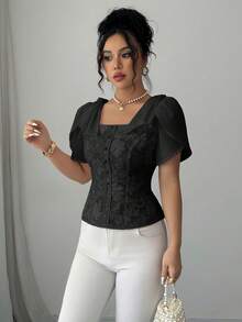 Elenzga Women's Elegant Jacquard Tie Sleeve Blouse,Square Neck Puff Sleeve Lace Corset Top,Sweetheart Puff Sleeve Jacquard Corset Blouse,Pearl Buttons,Lace / Jacquard,Corset Top - Black - View 6