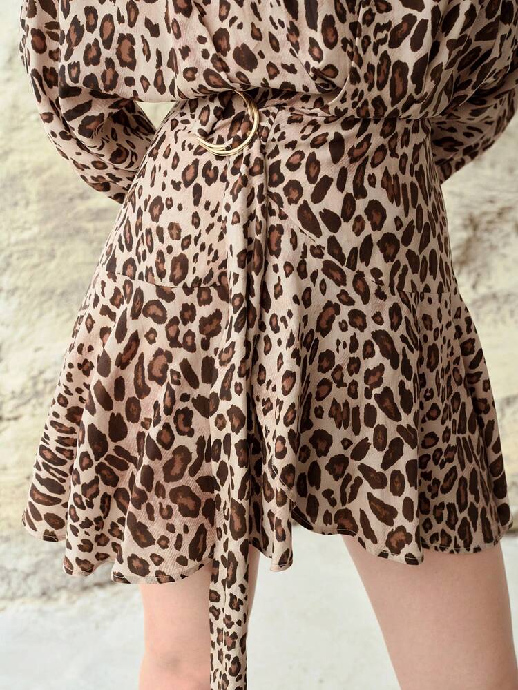 CHIC LEOPARD PRINT LINEN BLEND SHORT SLEEVE DRESS, SUITABLE FOR SPRING & SUMMER