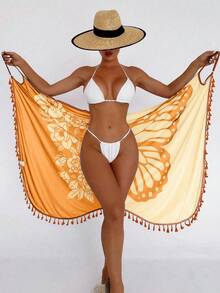 Swim Lushoire 女士印花时尚沙滩罩衫和服 - 橘色 - 查看 4