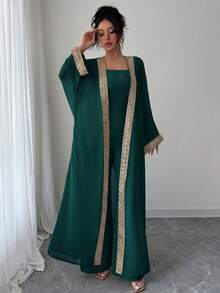 Rafferiza Women's Strapless High-End Jumpsuit With Extra Long Gold Lace Patchwork Chiffon Shawl 2 Pieces Set - Dark Green - View 3