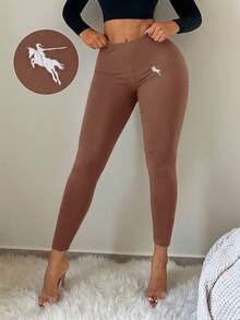 SHEIN SXY Business Casual Embroidered Solid Color Leggings - Coffee Brown - View 3