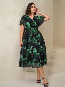 Chikora Đầm thanh lịch cỡ lớn dành cho nữ, phù hợp công sở, đầm lưới, đầm co giãn, đầm tay ngắn, đầm mùa hè. - màu xanh lá - Xem 8