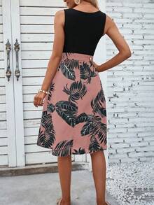EMERY ROSE Women's Sleeveless Patchwork Bohemian Holiday Leaf Print A-Line Short Dress - Pink - View 2