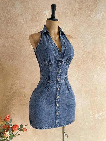 Soleia 女士纽扣设计时尚无袖牛仔连衣裙