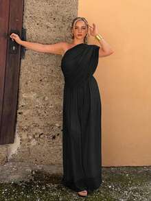 Jeta Ari New Draped Shoulder Ruched Decor Slim Fit Extra Long Flowy Maxi Party Vacation Versatile Lightweight Dress,Black Dresses Classy Elegant,Elegant Dresses For Women - Black - View 6