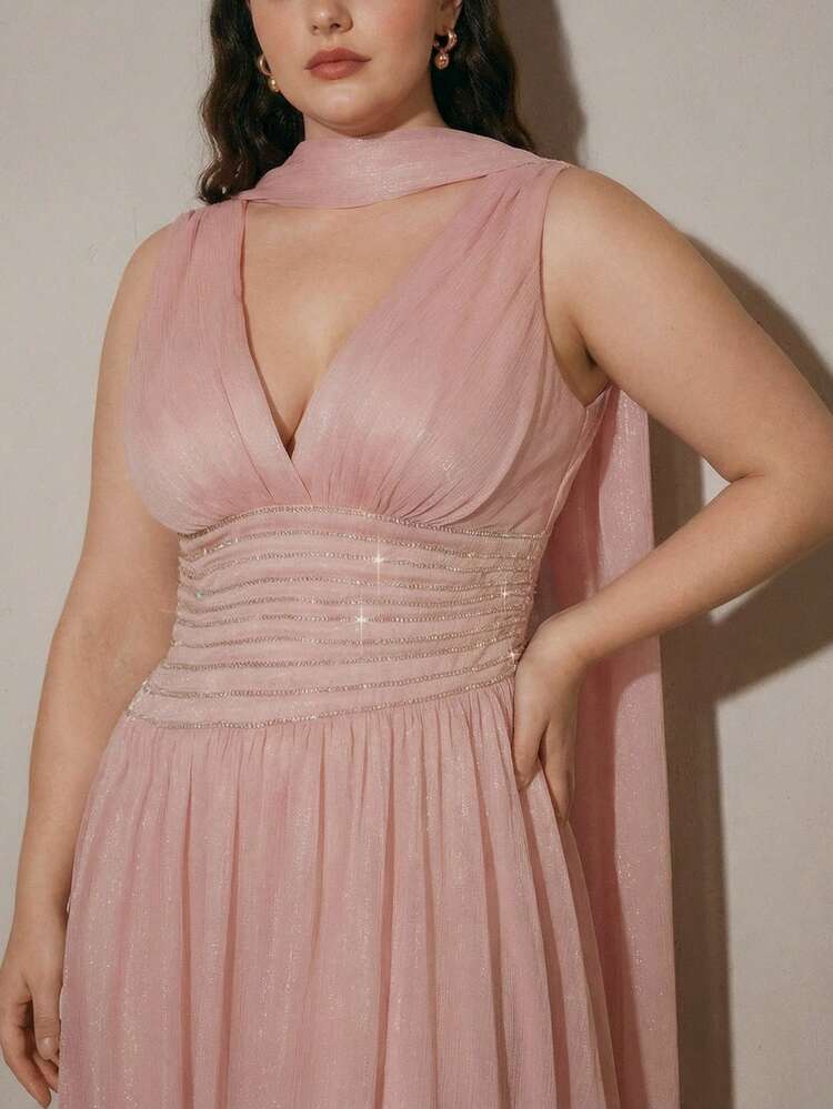 Plus Size Women's V-Neck Ribbon Beaded Chain Pleated Waist Shiny Party Elegant Sophisticated Dress, Suitable For Wedding Guest, Luxury Evening Gown