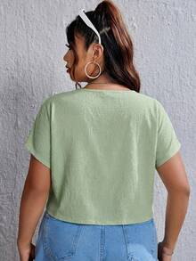 SHEIN EZwear Olive Green V-Neck Short Sleeve Blouse For Plus Size Women - Olive Green - View 2