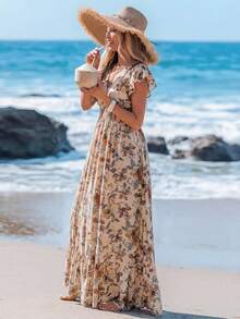 Sylviya Casual Women's Shirred Ruffle Trim Cap Sleeve Drawstring Waist Ruffle Hem A-Line Long Dress, Placement Printed Vacation Dress,Vacation - Khaki - View 5