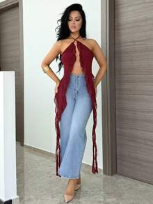 Vassilux Women's Sexy Halter Neck Chiffon Blouse,Sexy Tops - Burgundy - View 4