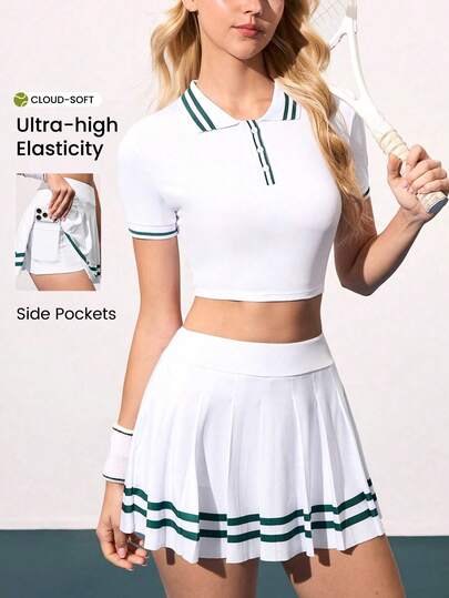 CourtClass Women's Contrast Color Striped Cropped Top And Pleated Mini Skirt Tennis Outfit