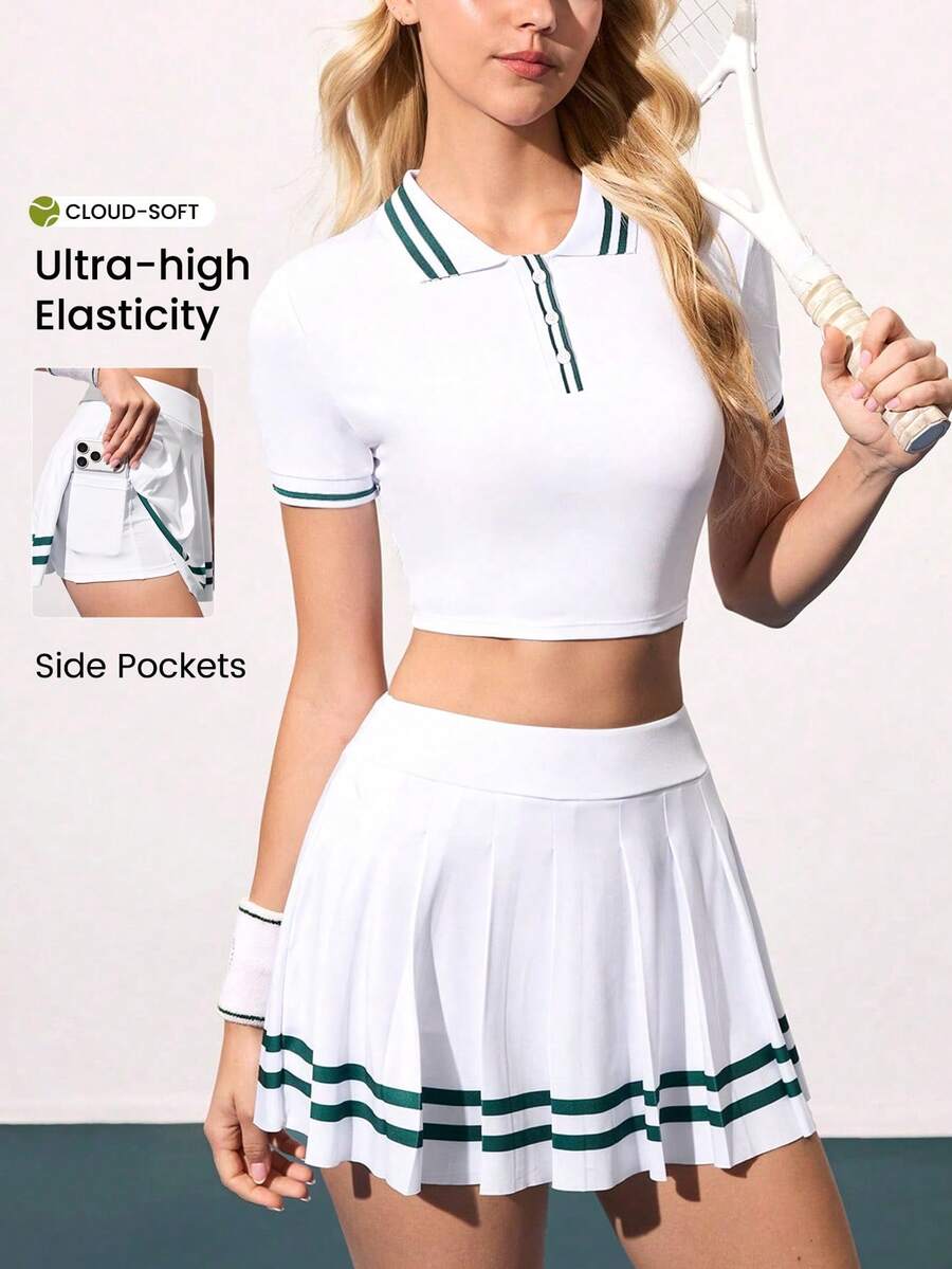 Gameset SHEIN Sport 女士撞色条纹露脐上衣和百褶迷你裙网球套装 - 彩色 - 查看 1