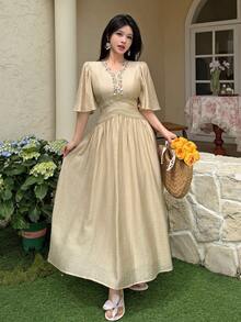 Feyla Women's V-Neck Applique Solid Color Elegant Boho Short Sleeve Midi Dress Vacation Beige Summer - Apricot - View 7