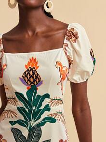 Travachic Women's Spring/Summer Tropical Plant Print Collar Petal Sleeve Short Dress - Multicolor - View 5