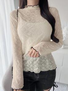 FRIFUL Kaos Wanita Lengan Panjang dengan Kerah Ruffle yang Elegan - Aprikot - View 8