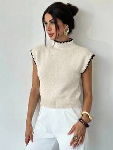 Firerie Áo vest len không tay cổ cao dáng rộng thanh lịch, đa năng dành cho nữ, thích hợp cho các buổi hẹn hò, phong cách sang trọng. - Màu be - Xem 4