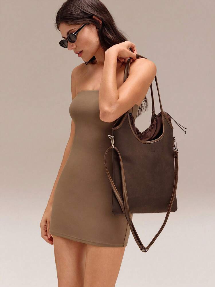 Medium 8L Glowette Faux Leather Detachable Shoulder Strap Zipper Compartment Slip Pocket Drawstring Closure Crossbody Tote Bag Outdoor Daily Casual