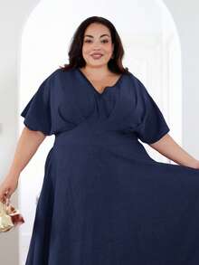 Pretty and Ole Plus Size Summer Simple Elegant Cinched Waist Batwing Sleeve Dress - Navy Blue - View 4