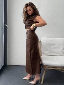 Jeta Ari 女士秋冬PU皮单排扣背心和裙子两件套 - 咖啡棕 - 查看 5