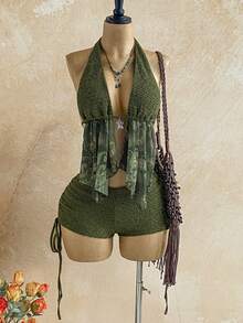 Soleia 2pcs/Set Women's Vacation Halter Backless Tie-Up Fitted Top And Low Waist Ruched Drawstring Shorts, Suitable For Party, Date, Afternoon Tea, Carnival, Sexy And Fashionable Summer Beach Outfit - Olive Green - View 7