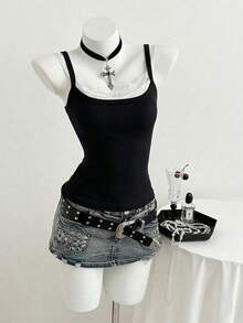 Elamini Women's Casual Lace Trim Sleeveless Tank Top, Faux 2-In-1 Design, Grey, Spring/Summer Gothic Tops Body Tops For Ladies - Black - View 4