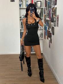 StreetHx Black Sleeveless Eyelet Trim Dress For Women - Black - View 4