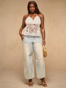 SHEIN BAE Plus Size Lace Patchwork Halter Neck Tie Seashell Tassel Blouse,White Summer Elegant Party Wedding Guest Boho Camisole Top,Textured Beach Vacation Top - Apricot - View 5