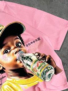 ROMWE MEN Street Life 男士天使印花短袖T恤，适合春夏穿着 - 粉色 - 查看 4