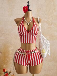 Swim Vcay 新款夏季沙滩度假条纹短裤，适合户外穿着，女士沙滩短裤，泳衣罩衫短裤，轻薄面料短裤，女士夏季短裤，泳装短裤，女士沙滩套装短裤，新款时尚低腰高弹力女士短裤，适合春夏穿着 - 紅色 - 查看 3