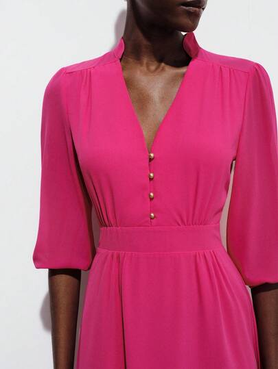 Aveloria Modichic Fuchsia, Sheer Chiffon Fabric, V-Neck Pearl Button Decor, Pleated Lantern Sleeve, Waist Cinched, A-Line Skirt, Flowing Soft, Suitable For Evening Gala, Romantic Date, Spring/Summer Outdoor, Art Exhibition, Vacation, Elegant Resort Wear, Fashionable Commute, Showcasing Graceful Romance And Feminine Charm. New Stylish Design Sense, Versatile Casual V-Neck Waist Tie Button Long Dress