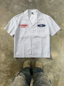 Manfinity Roghcode Áo sơ mi nam kẻ sọc, dáng rộng, in chữ. - Màu Xám nhạt - Xem 3