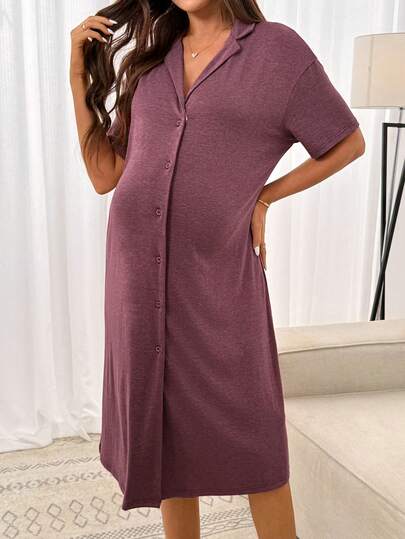SHEIN Pregnant Women Solid Color Front Button Casual Daily Short Sleeve Dress