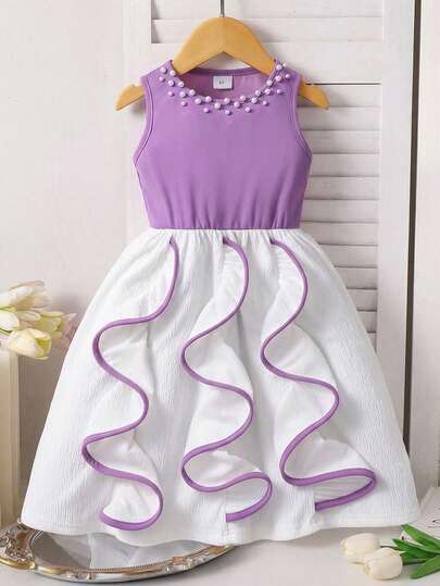 Souflis Souflis 1件女童优雅甜美珍珠装饰波浪下摆撞色无袖A字连衣裙，适合春夏日常穿着