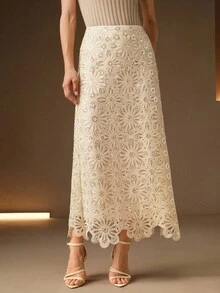 Anewsta 新款春夏优雅时尚度假、约会、情人节、新年、婚礼、派对镂空亮片闪亮长裙，女士款 - 杏色 - 查看 4