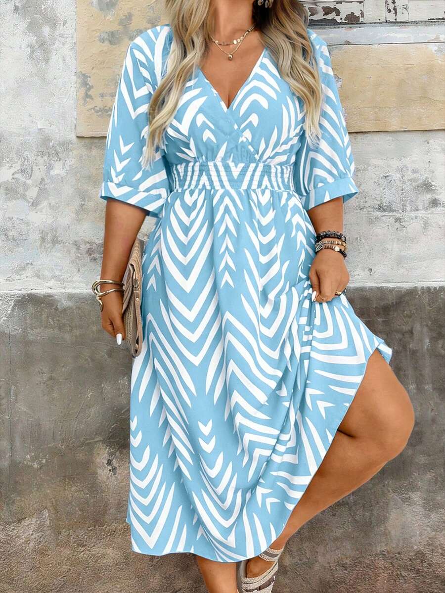 EMERY ROSE Vestido Elegante de Manga Curta Estampado, Verão - Azul - Visão 1