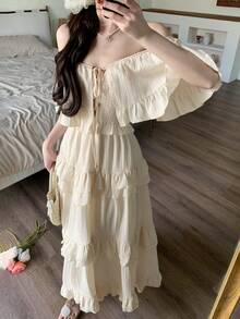 Joudiya Đầm trắng trơn dáng xòe mùa xuân hè, đầm chiffon dáng lệch vai bèo nhún, đầm midi rộng rãi, bồng bềnh cho nữ, kiểu boho trễ vai. - Màu be - Xem 4