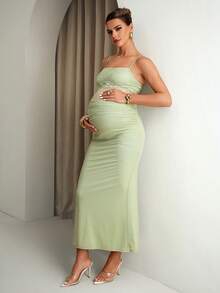 MaterniChic Đầm bầu kiểu camisole ôm sát, thanh lịch, phối ren tương phản, xếp nếp. - màu xanh lá - Xem 6