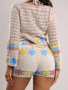 Swim Vcay 女士优雅新款镂空常规沙滩短裤，夏季度假 - 彩色 - 查看 2