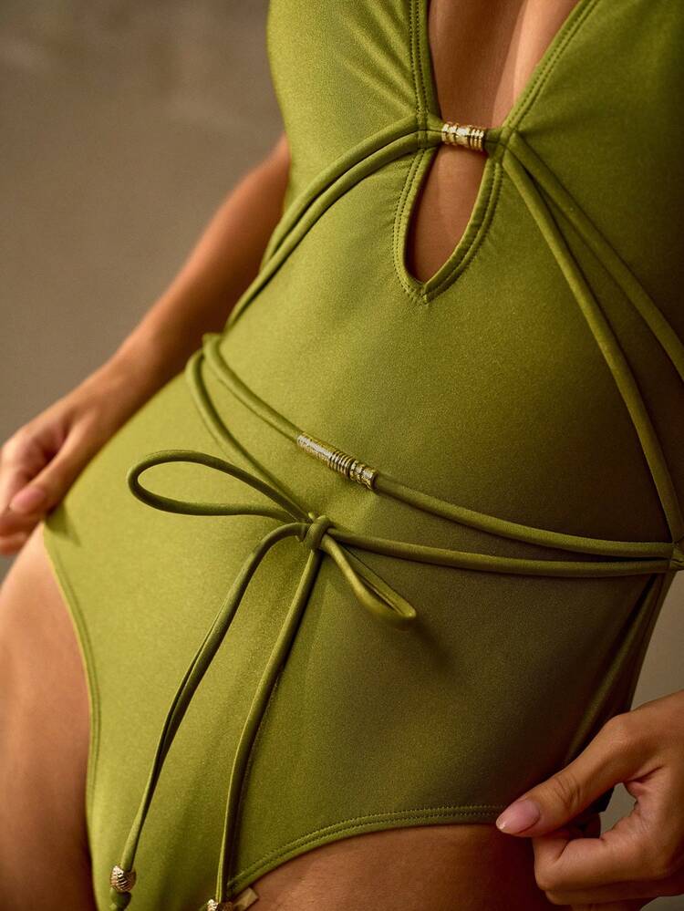 PEARL SATIN FABRIC DEEP V-NECK TIE-FRONT DESIGN METAL TEXTURE METAL DECOR DETAILS EFFORTLESS VACATION ONE-PIECE SWIMSUIT