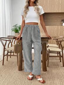 EMERY ROSE Elastic Waist Striped Casual Pants - Multicolor - View 5