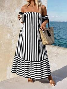 Breezaya Große Größen Sommer Lässig gestreiftes Off-Shoulder Kleid mit Rüschensaum - Schwarz und Weiss - Übersicht 4