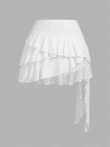 Girlism Chân váy mini đen cạp thấp màu trắng/nhiều lớp xếp ly dành cho thiếu nữ tuổi teen/Dễ thương, thoải mái/phong cách Boho, cạp gập, xếp lớp, thời trang đường phố - trắng - Xem 2