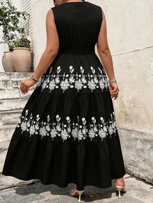 Breezaya Vestido con estampado floral para mujer de talla grande, romántico y de moda, versátil para citas, ir al trabajo y uso diario, adecuado para primavera/verano - Negro - Ver 2