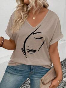 EMERY ROSE New Arrival Women's Fashion Print V-Neck Short Sleeve T-Shirt - Khaki - View 6